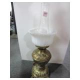BRASS OIL LAMP CONVERTED TO ELECTRIC WITH MILK GLA