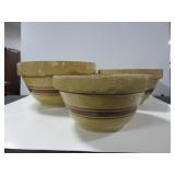 SET OF 3 BROWN STRIPE CROCK MIXING BOWLS: 9", 10"