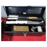 METAL TOOL BOX WITH KNIVES AND GRILLING TOOLS