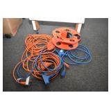 3 EXTENSION CORDS AND CORD REEL