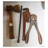 HATCHET, PRY BAR, BOLT CUTTER AND PIPE WRENCH