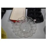 GLASS EGG PLATE, CAST IRON BAKING DISH, ETC.