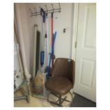 ASSORTED BROOMS/VINTAGE STOOL/SAND/CARSEAT