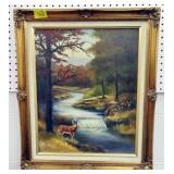 DEER AT STREAM - OIL ON CANVAS BY SHIRLEY HARRIS 