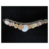 FOREIGN COIN CHARM BRACELET - FRENCH, GERMAN,