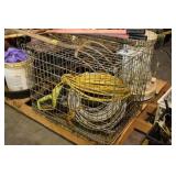 PALLET WITH DOG CAGE, CHAIN SAW, HAND TOOLS, AND