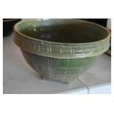 GREEN CROCK BOWL HAS HAIR LINE CRACK