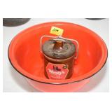 SMALL CROCK AND RED MIXING BOWL