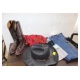 JUSTIN 7 3/8 COWBOY HAT, 9D BOOTS, AND CLOTHS
