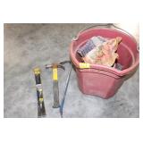 BUCKET WITH HAMMER, PRY BAR AND TOOLS