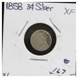 1858 THREE CENT SILVER TRIME