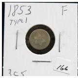 1853 THREE CENT SILVER TRIME