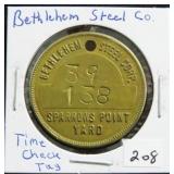 BETHLEHEM STEEL CO. TIME CHECK TAG