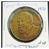 1931 CYRUS McCORMICK 100 YEAR OF THE REAPER MEDAL