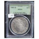1881-S MORGAN SILVER DOLLAR - PCGS GRADED: MS 64