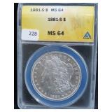 1881-S MORGAN SILVER DOLLAR - ANACS GRADED: MS 64