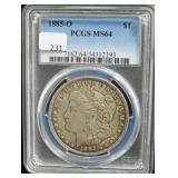 1885-O MORGAN SILVER DOLLAR - PCGS GRADED: MS 64