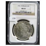 1921 MORGAN SILVER DOLLAR - NGC GRADED: MS 63