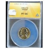 1962 JEFFERSON NICKEL - ANACS GRADED: PROOF 66
