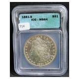 1881-S MORGAN SILVER DOLLAR - ICG GRADED: MS 64