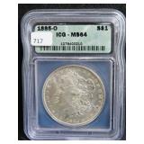 1885-O MORGAN SILVER DOLLAR - ICG GRADED: MS 64