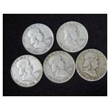 (5) FRANKLIN SILVER HALF DOLLARS MISC DATES