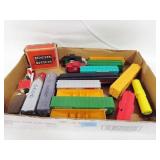 13 PLASTIC TRAIN CARS, 3 ENGINES AND LIONEL WHISTL