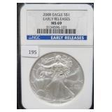 2008 SILVER EAGLE - NGC GRADED: MS69 EARLY