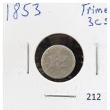 1853 THREE CENT SILVER TRIME