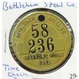 BETHLEHEM STEEL CO. TIME CHECK TAG