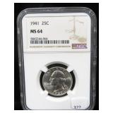 1941 WASHINGTON QUARTER - NGC GRADED: MS 64