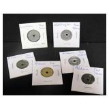 6 ASSORTED TAX TOKENS