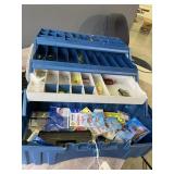 BOX AND ASSORTED PLUGS AND HOOKS