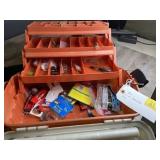 BOX AND ASSORTED PLUGS AND HOOKS