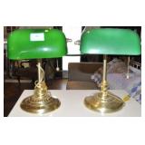 PAIR BRASS AND GREEN GLASS BANKERS DESK LAMPS