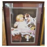 "BABY AND DOG" PRINT - UNSIGNED FRAMED AND MATTED