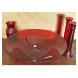 RUBY RED CENTERPIECE BOWL, 3 CANDLE STICKS AND