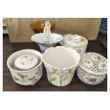 GROUPING: CERAMIC PLANTERS, COVERED DISHES, ETC.