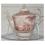 RED AND WHITE STONEWARE TEA POT BY BURTON AND