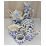GROUPING: BLUE AND WHITE STONEWARE TEA POT,