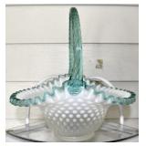 FENTON HOBNAIL GREEN HANDLE, WHITE OPALESCENT