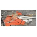GROUPING: FISHING ROD, NET, LIFE JACKETS, ETC.