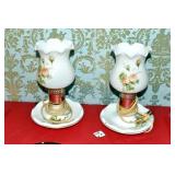 PAIR MILK GLASS FLORAL DECORATED LAMPS
