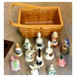 12 COLLECTOR BELLS IN BASKET