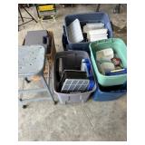 METAL STOOL AND PLASTIC STORAGE BINS, ETC.