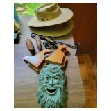2 WOODEN PIGS, TOY CANON, METAL MASK, ETC.