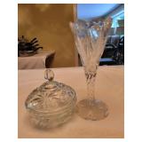 CRYSTAL VASE AND E.A.P.C. COVERED CANDY DISH