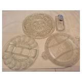 4 PIECES OF KITCHEN GLASSWARE: EGG PLATE, RELISH