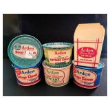 5 ARDEN COTTAGE CHEESE CONTAINERS W/METAL LIDS