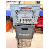 2 PLASTIC AND 1 METAL MILK CRATES: METAL IS PET